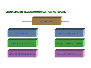 SIGNALING IN TELECOMMUNICATION NETWORK


                            SIGNALLING




        ACCESS SIG                          TRUNK SIGNALLING




   SUBSCRIBER LINE SIG.                  CHANNEL ASSOCIATED SIG.




  DIGITAL SUBSCRIBER SIG.                 COMMON CHANNEL SIG.
 