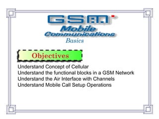 ObjectivesObjectives
Understand Concept of Cellular
Understand the functional blocks in a GSM Network
Understand the Air Interface with Channels
Understand Mobile Call Setup Operations
Basics
 