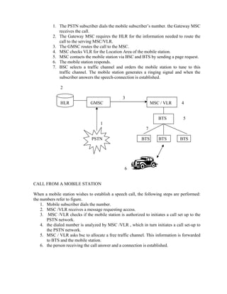 1. The PSTN subscriber dials the mobile subscriber’s number. the Gateway MSC
receives the call.
2. The Gateway MSC requires the HLR for the information needed to route the
call to the serving MSC/VLR.
3. The GMSC routes the call to the MSC.
4. MSC checks VLR for the Location Area of the mobile station.
5. MSC contacts the mobile station via BSC and BTS by sending a page request.
6. The mobile station responds.
7. BSC selects a traffic channel and orders the mobile station to tune to this
traffic channel. The mobile station generates a ringing signal and when the
subscriber answers the speech-connection is established.
2
3
HLR GMSC MSC / VLR 4
BTS 5
1
7
PSTN BTS BTS BTS
6
CALL FROM A MOBILE STATION
When a mobile station wishes to establish a speech call, the following steps are performed:
the numbers refer to figure.
1. Mobile subscriber dials the number.
2. MSC /VLR receives a message requesting access.
3. MSC /VLR checks if the mobile station is authorized to initiates a call set up to the
PSTN network.
4. the dialed number is analyzed by MSC /VLR , which in turn initiates a call set-up to
the PSTN network.
5. MSC / VLR asks bsc to allocate a free traffic channel. This information is forwarded
to BTS and the mobile station.
6. the person receiving the call answer and a connection is established.
 