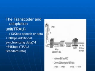 The Transcoder and adaptation unit(TRAU) (13Kbps speech or data + 3Kbps additional synchronizing data)*4 =64Kbps (TRAU Standard rate) 