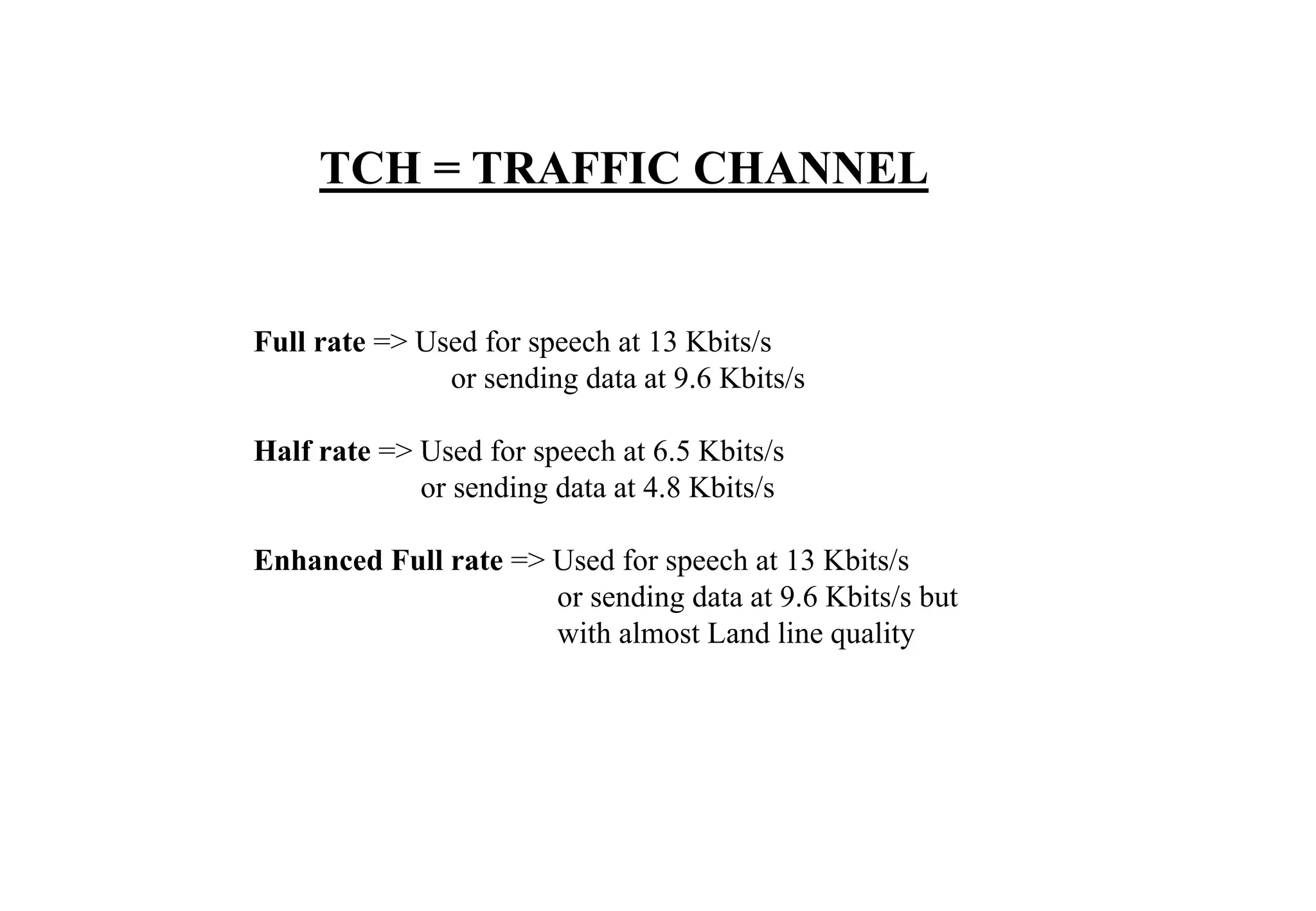 Full rate => Used for speech at 13 Kbits/s
or sending data at 9.6 Kbits/s
Half rate => Used for speech at 6.5 Kbits/s
or sending data at 4.8 Kbits/s
Enhanced Full rate => Used for speech at 13 Kbits/s
or sending data at 9.6 Kbits/s but
with almost Land line quality
TCH = TRAFFIC CHANNEL
 