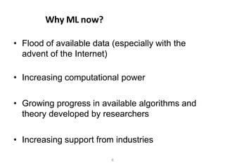 6
Why ML now?
• Flood of available data (especially with the
advent of the Internet)
• Increasing computational power
• Growing progress in available algorithms and
theory developed by researchers
• Increasing support from industries
 