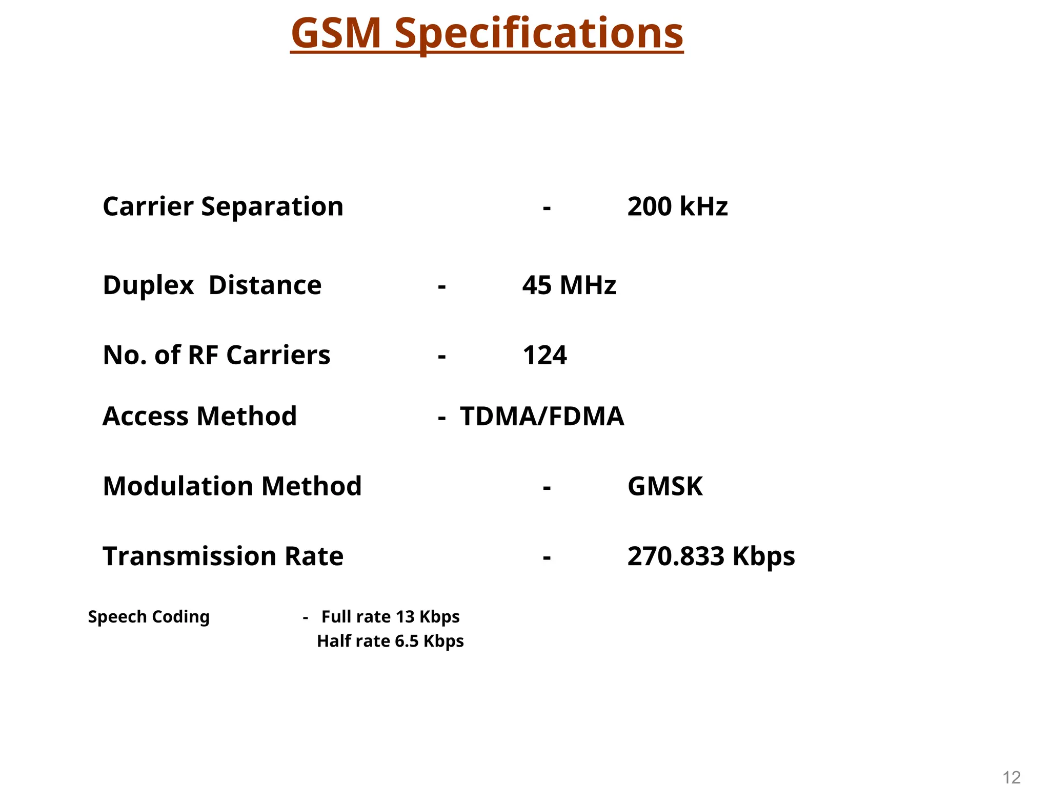 GSM Specifications
Carrier Separation - 200 kHz
No. of RF Carriers - 124
Access Method - TDMA/FDMA
Modulation Method - GMSK
Transmission Rate - 270.833 Kbps
Speech Coding - Full rate 13 Kbps
Half rate 6.5 Kbps
Duplex Distance - 45 MHz
12
 
