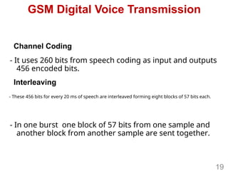 GSM Digital Voice Transmission
- It uses 260 bits from speech coding as input and outputs
456 encoded bits.
- In one burst one block of 57 bits from one sample and
another block from another sample are sent together.
- These 456 bits for every 20 ms of speech are interleaved forming eight blocks of 57 bits each.
Channel Coding
Interleaving
19
 