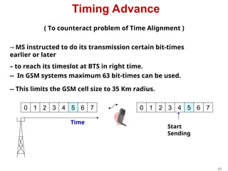 Timing Advance
( To counteract problem of Time Alignment )
-- MS instructed to do its transmission certain bit-times
earlier or later
– to reach its timeslot at BTS in right time.
-- In GSM systems maximum 63 bit-times can be used.
-- This limits the GSM cell size to 35 Km radius.
0 1 2 3 4 5 6 7 0 1 2 3 4 5 6 7
Time
Start
Sending
48
 