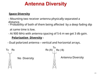 Antenna Diversity
- Mounting two receiver antenna physically separated a
distance.
- At 900 MHz with antenna spacing of 5-6 m we get 3 db gain.
Space Diversity
- Probability of both of them being affected by a deep fading dip
at same time is low.
No Diversity Antenna Diversity
Tx Rx Rx (A) Rx ( B)
Tx
Polarization Diversity -
- Dual polarized antenna – vertical and horizontal arrays.
49
 
