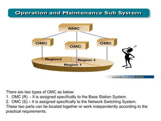 There are two types of OMC as below:
1. OMC (R) - It is assigned specifically to the Base Station System.
2. OMC (S) – It is assigned specifically to the Network Switching System.
These two parts can be located together or work independently according to the
practical requirements.

 