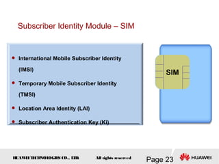 H
UAW
E
IT
E
CH
NOL
OGIE
S CO., L
T
D.
Page 23
All rights reserved
Subscriber Identity Module – SIM
 International Mobile Subscriber Identity
(IMSI)
 Temporary Mobile Subscriber Identity
(TMSI)
 Location Area Identity (LAI)
 Subscriber Authentication Key (Ki)
SIM
 