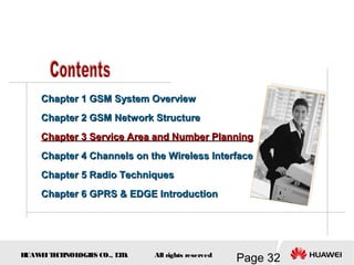 H
UAW
E
IT
E
CH
NOL
OGIE
S CO., L
T
D.
Page 32
All rights reserved
Chapter 1 GSM System Overview
Chapter 1 GSM System Overview
Chapter 2 GSM Network Structure
Chapter 2 GSM Network Structure
Chapter 3
Chapter 3 Service Area and Number Planning
Service Area and Number Planning
Chapter 4
Chapter 4 Channels on the Wireless Interface
Channels on the Wireless Interface
Chapter 5 Radio Techniques
Chapter 5 Radio Techniques
Chapter 6 GPRS & EDGE Introduction
Chapter 6 GPRS & EDGE Introduction
 