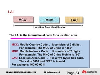 H
UAW
E
IT
E
CH
NOL
OGIE
S CO., L
T
D.
Page 34
All rights reserved
LAI
Location Area Identification
The LAI is the international code for a location area.
MCC: Mobile Country Code ， It consists of 3 digits .
For example: The MCC of China is "460"
MNC: Mobile Network Code ， It consists of 2 digits .
For example: The MNC of China Mobile is "00"
LAC: Location Area Code ， It is a two bytes hex code.
The value 0000 and FFFF is invalid.
For example: 460-00-0011
MCC MNC LAC
 