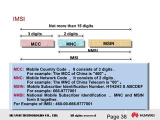 H
UAW
E
IT
E
CH
NOL
OGIE
S CO., L
T
D.
Page 38
All rights reserved
MCC: Mobile Country Code ， It consists of 3 digits .
For example: The MCC of China is "460" 。
MNC: Mobile Network Code ， It consists of 2 digits .
For example: The MNC of China Telecom is "00" 。
MSIN: Mobile Subscriber Identification Number. H1H2H3 S ABCDEF
For example: 666-9777001
NMSI: National Mobile Subscriber Identification ， MNC and MSIN
form it together.
For Example of IMSI : 460-00-666-9777001
Not more than 15 digits
3 digits 2 digits
IMSI
MCC MNC MSIN
NMSI
IMSI
 