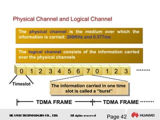 H
UAW
E
IT
E
CH
NOL
OGIE
S CO., L
T
D.
Page 42
All rights reserved
2 3
0 1
6 7
4 5
2 3
The physical channel is the medium over which the
information is carried: 200KHz and 0.577ms
0 1
TDMA FRAME
Timeslot
The information carried in one time
slot is called a “burst”
The information carried in one time
slot is called a “burst”
Physical Channel and Logical Channel
The logical channel consists of the information carried
over the physical channels
TDMA FRAME
 