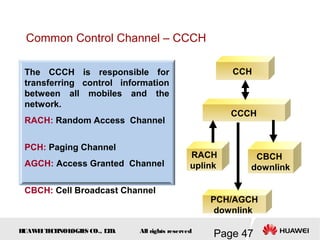 H
UAW
E
IT
E
CH
NOL
OGIE
S CO., L
T
D.
Page 47
All rights reserved
CCH
CCCH
RACH
uplink
CBCH
downlink
PCH/AGCH
downlink
The CCCH is responsible for
transferring control information
between all mobiles and the
network.
RACH: Random Access Channel
PCH: Paging Channel
AGCH: Access Granted Channel
CBCH: Cell Broadcast Channel
Common Control Channel – CCCH
 