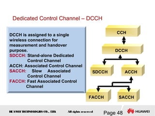 H
UAW
E
IT
E
CH
NOL
OGIE
S CO., L
T
D.
Page 48
All rights reserved
CCH
DCCH
SDCCH
FACCH SACCH
DCCH is assigned to a single
wireless connection for
measurement and handover
purpose.
SDCCH: Stand-alone Dedicated
Control Channel
ACCH: Associated Control Channel
SACCH: Slow Associated
Control Channel
FACCH: Fast Associated Control
Channel
ACCH
Dedicated Control Channel – DCCH
 