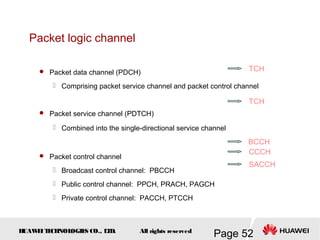H
UAW
E
IT
E
CH
NOL
OGIE
S CO., L
T
D.
Page 52
All rights reserved
 Packet data channel (PDCH)
 Comprising packet service channel and packet control channel
 Packet service channel (PDTCH)
 Combined into the single-directional service channel
 Packet control channel
 Broadcast control channel: PBCCH
 Public control channel: PPCH, PRACH, PAGCH
 Private control channel: PACCH, PTCCH
TCH
BCCH
SACCH
Packet logic channel
CCCH
TCH
 