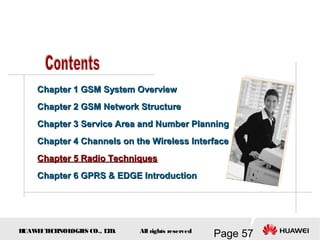 H
UAW
E
IT
E
CH
NOL
OGIE
S CO., L
T
D.
Page 57
All rights reserved
Chapter 1 GSM System Overview
Chapter 1 GSM System Overview
Chapter 2 GSM Network Structure
Chapter 2 GSM Network Structure
Chapter 3
Chapter 3 Service Area and Number Planning
Service Area and Number Planning
Chapter 4
Chapter 4 Channels on the Wireless Interface
Channels on the Wireless Interface
Chapter 5 Radio Techniques
Chapter 5 Radio Techniques
Chapter 6 GPRS & EDGE Introduction
Chapter 6 GPRS & EDGE Introduction
 