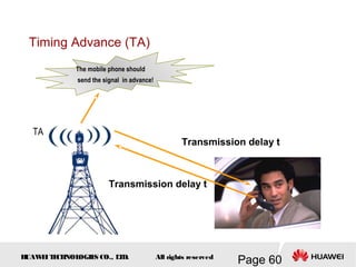 H
UAW
E
IT
E
CH
NOL
OGIE
S CO., L
T
D.
Page 60
All rights reserved
Timing Advance (TA)
Transmission delay t
Transmission delay t
TA
The mobile phone should
send the signal in advance!
 