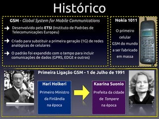 Histórico
GSM - Global System for Mobile Communications                  Nokia 1011
 Desenvolvido pelo ETSI (Instituto de Padrões de
 Telecomunicações Europeu)                                      O primeiro
                                                                   celular
Criado para substituir a primeira geração (1G) de redes
analógicas de celulares                                      GSM do mundo
                                                              a ser fabricado
O padrão foi expandido com o tempo para incluir
comunicações de dados (GPRS, EDGE e outros)                       em massa



               Primeira Ligação GSM - 1 de Julho de 1991

                  Hari Holkeri                     Kaarina Suonio
                Primeiro Ministro                  Prefeita da cidade
                   da Finlândia                       de Tampere
                     na época                          na época
 