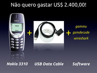 Não quero gastar US$ 2.400,00!


                                   gammu

         +                    +   gsmdecode
                                  wireshark




Nokia 3310   USB Data Cable       Software
 