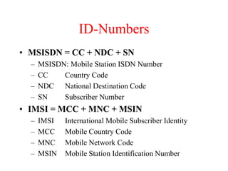 ID-Numbers
• MSISDN = CC + NDC + SN
– MSISDN: Mobile Station ISDN Number
– CC Country Code
– NDC National Destination Code
– SN Subscriber Number
• IMSI = MCC + MNC + MSIN
– IMSI International Mobile Subscriber Identity
– MCC Mobile Country Code
– MNC Mobile Network Code
– MSIN Mobile Station Identification Number
 