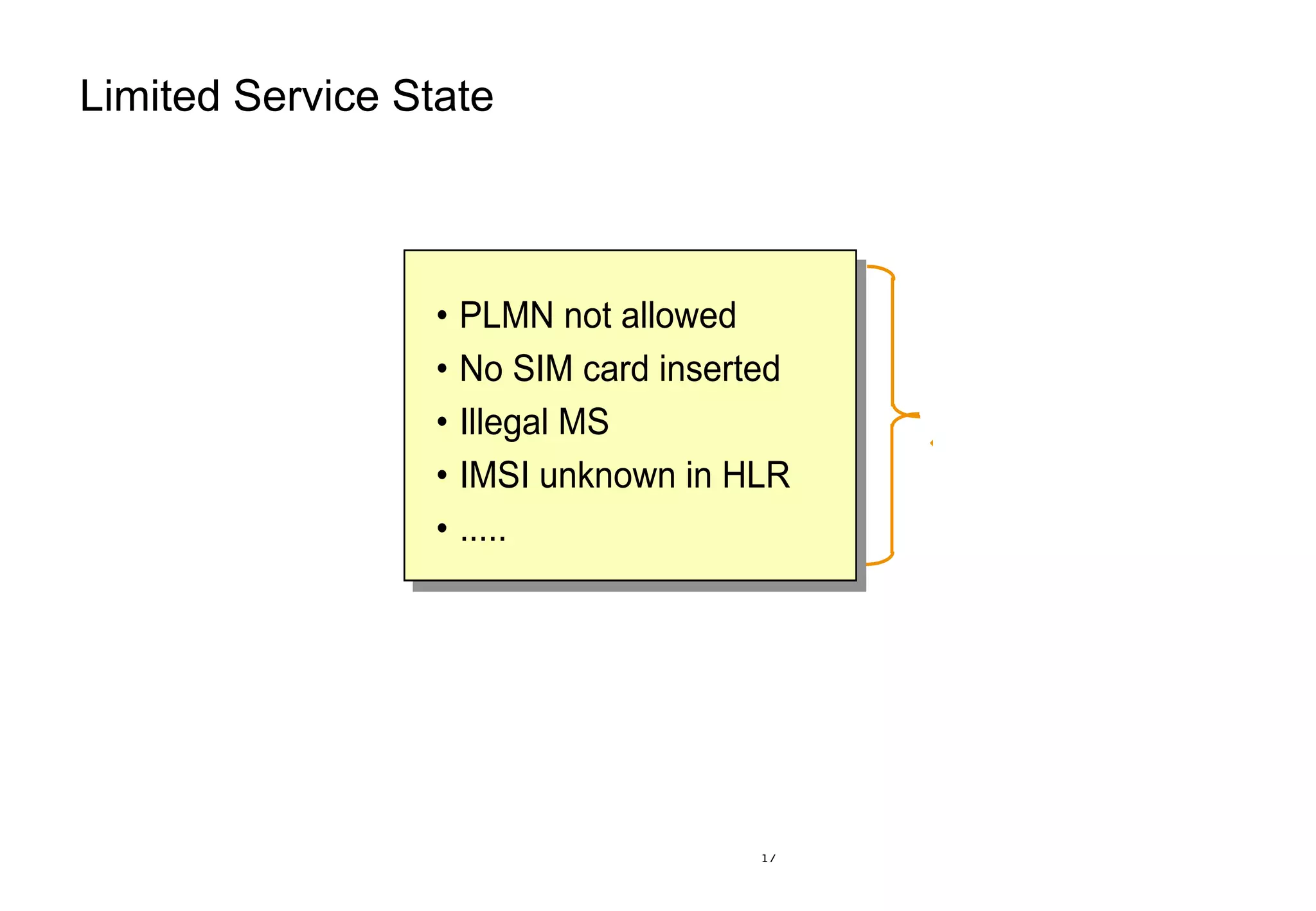 17
• PLMN not allowed
• No SIM card inserted
• Illegal MS
• IMSI unknown in HLR
• .....
• Emergency calls onl
• Cell reselection as n
but CRH is ignored
• No updating
Limited service state
Cell selec
Limited Service State
 