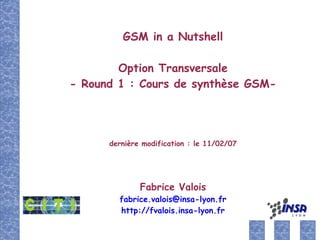 GSM in a Nutshell
Option Transversale
- Round 1 : Cours de synthèse GSM-
dernière modification : le 11/02/07
Fabrice Valois
fabrice.valois@insa-lyon.fr
http://fvalois.insa-lyon.fr
 