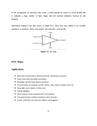 In this arrangement, an operation amp creates a yield potential (in respect to circuit ground) that
is ordinarily a huge number of times bigger than the potential distinction between its info
terminals.
Operational enhancers had their causes in simple PCs, where they were utilized to do scientific
operations in numerous direct, non-straight and recurrence ward circuits.
Figure 11: Op-Amp
PVC Wires
Applications:
 Open and covered wiring in businesses/private and business structures.
 House meter and water pump associations.
 Road light and movement signal associations.
 Covered wiring on transports, rail line mentors, ships, flying machines and so on.
 Being light can be utilized on false roofs.
 Notable highlights:
 Most temperate when contrasted with steelconductor.
 Very protected non conductor anticipates short out perils.
 Erosion verification free from rust saltiness and mugginess.
27
 