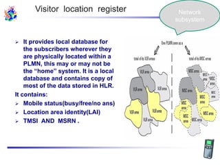  It provides local database for
the subscribers wherever they
are physically located within a
PLMN, this may or may not be
the “home” system. It is a local
database and contains copy of
most of the data stored in HLR.
It contains:
 Mobile status(busy/free/no ans)
 Location area identity(LAI)
 TMSI AND MSRN .
Network
subsystem
Visitor location register
 