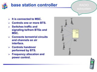 base station controller
 It is connected to MSC.
 Controls one or more BTS.
 Switches traffic and
signaling to/from BTSs and
MSC.
 Connects terrestrial circuits
and channels on air
interface.
 Controls handover
performed by BTS.
 Frequency allocation and
power control.
RADIO
subsystem
 