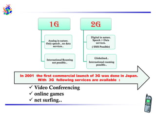 1G
Analog in nature.
Only speech , no data
services..
International Roaming
not possible..
2G
Digital in nature.
Speech + Data
services.
( SMS Possible)
Globalised..
International roaming
possible..
In 2001 the first commercial launch of 3G was done in Japan.
With 3G following services are available :
 Video Conferencing
 online games
 net surfing..
 