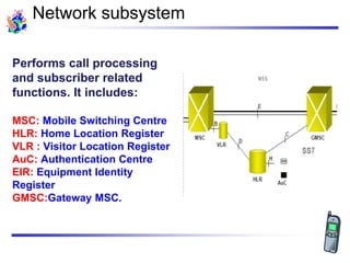 Network subsystem
Performs call processing
and subscriber related
functions. It includes:
MSC: Mobile Switching Centre
HLR: Home Location Register
VLR : Visitor Location Register
AuC: Authentication Centre
EIR: Equipment Identity
Register
GMSC:Gateway MSC.
 