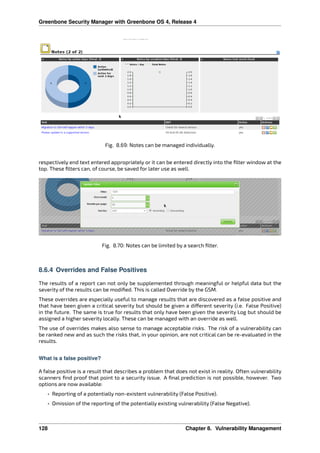 Greenbone Security Manager with Greenbone OS 4, Release 4
Fig. 8.69: Notes can be managed individually.
respectively end text entered appropriately or it can be entered directly into the ﬁlter window at the
top. These ﬁlters can, of course, be saved for later use as well.
Fig. 8.70: Notes can be limited by a search ﬁlter.
8.6.4 Overrides and False Positives
The results of a report can not only be supplemented through meaningful or helpful data but the
severity of the results can be modiﬁed. This is called Override by the GSM.
These overrides are especially useful to manage results that are discovered as a false positive and
that have been given a critical severity but should be given a di erent severity (i.e. False Positive)
in the future. The same is true for results that only have been given the severity Log but should be
assigned a higher severity locally. These can be managed with an override as well.
The use of overrides makes also sense to manage acceptable risks. The risk of a vulnerability can
be ranked new and as such the risks that, in your opinion, are not critical can be re-evaluated in the
results.
What is a false positive?
A false positive is a result that describes a problem that does not exist in reality. Often vulnerability
scanners ﬁnd proof that point to a security issue. A ﬁnal prediction is not possible, however. Two
options are now available:
• Reporting of a potentially non-existent vulnerability (False Positive).
• Omission of the reporting of the potentially existing vulnerability (False Negative).
128 Chapter 8. Vulnerability Management
 