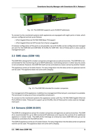 Greenbone Security Manager with Greenbone OS 4, Release 4
Fig. 2.2: The GSM 650 supports up to 10,000 IP addresses
To connect to the monitored systems both appliances are equipped with eight ports in total, which
are pre-conﬁgured and set up as follows:
• 6 Port Gigabit Ethernet 10/100/1000 Base-TX (copper)
• 2 Port Gigabit Ethernet SFP (small-form factor-pluggable)
A modular conﬁguration of the ports is not possible. Up to 64 VLANs can be conﬁgured and managed
per port for the GSM 650 and GSM 600, 16 VLANs for GSM 400. One of these ports is also used as
management port.
2.3 SME class (GSM 100)
The GSM 100 is designed for smaller companies and agencies as wellas branches. The GSM 100 is rec-
ommended for the monitoring of up to 100 IP addresses. Controlling sensors in other security zones
is not considered. However, the GSM 100 itself can be controlled as a slave-sensor by another master.
The appliance comes as 1U steel chassis. For easy integration into the data center an optional rack kit
can be used. The appliance does not come with a display.
Fig. 2.3: The GSM 100 intended for smaller companies
Formanagement ofthe appliance, in addition to a management Ethernet port, a serialport is available.
The serial port is setup as a Cisco compatible console port.
To connect to the monitored systems the appliance comes with four 10/100/1000 Gigabit Ethernet
Ports (RJ45) in total. These ports support up to 8 VLANs. One of these ports is also used as manage-
ment port.
2.4 Sensors (GSM 25/25V)
The GSM 25 is designed as sensor for smaller companies and agencies as well as branches. The GSM
25 is recommended for up to 300 monitored IP addresses and requires the control of an additional
appliance in master mode. The GSM of the midrange an enterprise class (GSM 500 and up) can be
utilized as controllers for the GSM 25/25V.
The GSM 25 appliance comes as a 1U steelchassis. Foreasyintegration into the data centeran optional
rack kit can be used. The appliance does not come with a display.
2.3. SME class (GSM 100) 5
 