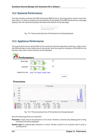 Greenbone Security Manager with Greenbone OS 4, Release 4
13.2 Backend Performance
The web interface accesses the GSM utilizing the OMP protocol. Some operations require more time
than others. To allow an analysis and examination of the speed of the OMP backend every web page
displays the time required to prepare the data at the bottom of the web page.
Fig. 13.1: The processing times of the backend are being displayed.
13.3 Appliance Performance
The overall performance of the GSM can be monitored with the integrated monitoring. Under Extras
the GSM provides its own Performance monitoring. Here the resource utilization of the GSM for the
last hour, day, week, month and year can be displayed.
Fig. 13.2: The processing times of the backend are being displayed.
Here the following points are important:
Processes A high amount of processes is not critical. However, primarily only sleeping and running
processes should be displayed.
System Load An ongoing high utilization is critical. Hereby a load of 4 on a system with 4 cores is
considered ok.
214 Chapter 13. Performance
 