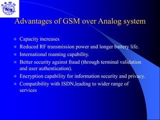 Advantages of GSM over Analog system
 Capacity increases
 Reduced RF transmission power and longer battery life.
 International roaming capability.
 Better security against fraud (through terminal validation
and user authentication).
 Encryption capability for information security and privacy.
 Compatibility with ISDN,leading to wider range of
services
 