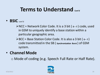 Terms to Understand Cont’d
• BSIC cont’d
NCC = Network Color Code. It is a 3 bit ( 0 – 7 ) code, used
in GSM to uniquely identify a base station within a
particular geographic area.
BCC = Base Station Color Code. It is also a 3 bit ( 0 – 7 )
code transmitted in the SB ( Synchronization Burst ) of GSM
system.
• Channel Mode
o Mode of coding (e.g. Speech Full Rate or Half Rate).
4/22/2012 34
 