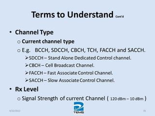 Terms to Understand Cont’d
• Channel Type
o Current channel type
o E.g. BCCH, SDCCH, CBCH, TCH, FACCH and SACCH.
SDCCH – Stand Alone Dedicated Control channel.
CBCH – Cell Broadcast Channel.
FACCH – Fast AssociateControl Channel.
SACCH – Slow AssociateControl Channel.
• Rx Level
o Signal Strength of current Channel ( 120 dBm – 10 dBm )
4/22/2012 35
 