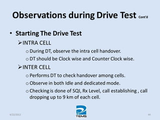 Observations during Drive Test Cont’d
• Starting The Drive Test
INTRA CELL
o During DT, observe the intra cell handover.
o DT should be Clock wise and Counter Clock wise.
INTER CELL
o Performs DT to check handover among cells.
o Observe in both Idle and dedicated mode.
o Checking is done of SQI, Rx Level, call establishing , call
dropping up to 9 km of each cell.
4/22/2012 44
 