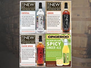 CRYSTAL
WWW.OLDNEWORLEANSRUM.COM
This light bodied white rum,
pulled straight from our pot still,
is charcoal filtered. All the charac-
teristics of our Crystal rum come
straight from Louisiana B grade
molasses. Crystal rum is delicious
in daiquiris and mojitos.
CAJUN SPICE
WWW.OLDNEWORLEANSRUM.COM
This rum is blended with homemade
infusions that rests for one month.
Cajun Spice rum is a kick of cayenne
and cinnamon with hints of nutmeg,
ginger and clove. Get fancy with a
spiced rum swizzle or just pour some
into your sweet tea.
AMBER
WWW.OLDNEWORLEANSRUM.COM
This medium bodied blend of aged
rum spends up to three years in
charred American oak barrels. The
barrels, previously used for aging
whiskey, add a beautiful finish. Sip
this Amber on the rocks or in your
favorite old fashioned recipe.
Gingeroo is a premium, handcrafted, ready-to-drink
cocktail, made in New Orleans with award-winning
Old New Orleans Crystal Rum. We blend our rum with
spicy ginger and pure Louisiana sugar cane to create
this bubbly and refreshing cocktail.
OLD NEW ORLEANS
SPICY
GINGER ALE
DRINKGINGEROO.COM
TO FIND GINGEROO
PLEASE VISIT...
 