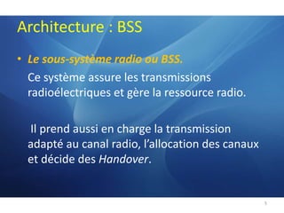Architecture : BSSLe sous-système radio ou BSS. Ce système assure les transmissions radioélectriques et gère la ressource radio. Il prend aussi en charge la transmission adapté au canal radio, l’allocation des canaux et décide des Handover. 5