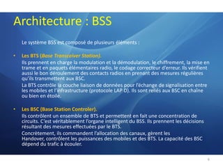 Architecture : BSSLe système BSS est composé de plusieurs éléments :Les BTS (Base Transceiver Station).Ils prennent en charge la modulation et la démodulation, le chiffrement, la mise en trame et en paquets élémentaires radio, le codage correcteur d’erreur. Ils vérifient aussi le bon déroulement des contacts radios en prenant des mesures régulières qu’ils transmettent aux BSC.	La BTS contrôle la couche liaison de données pour l’échange de signalisation entre les mobiles et l’infrastructure (protocole LAP D). Ils sont reliés aux BSC en chaîne ou bien en étoile.Les BSC (Base Station Controler).Ils contrôlent un ensemble de BTS et permettent en fait une concentration de circuits. C’est véritablement l’organe intelligent du BSS. Ils prennent les décisions résultant des mesures effectuées par le BTS.	Concrètement, ils commandent l’allocation des canaux, gèrent les Handover, contrôlent les puissances des mobiles et des BTS. La capacité des BSC dépend du trafic à écouler.6