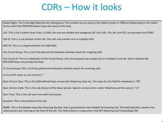 CDRs – How it looks
Dialed Digits: This is the digit dialed by the calling party. This number can be same as the called number or different depending on the switch.
Some switch like ERICSSON doesn’t give the value of this field.
LAC: This is the Location Area Code. In GSM, the area are divided into hexagonal LAC and Cells. The LAC and CELL are grouped into ZONES
Cell ID: This is a sub division of the LAC. One LAC may contain one or multiple Cells.
MSC ID: This is an id generated for the GSM MSC.
Out Circuit Group: This is id of the physical link between switches meant for outgoing calls.
Out Circuit ID: This is a subdivision of the Circuit Group. One circuit group may contain one or multiple circuit Ids. Some switches like
ERICSSON does not provide this field.

In Circuit Group: This is id of the physical link between switches meant for incoming calls.
In Circuit ID: Same as out circuit id. *
Basic Service Type: This is the GSM defined basic service like Telephony, Data etc. The value for this field for telephony is “00”.
Basic Service Code: This is the sub division of the Basic Service. Speech service comes under Telephony and the value is “11”.
Start Time: This is the call start time with time stamp.
Duration: This is the duration of the call.
MSRN: This is the Mobile Subscriber Roaming Number that is generated for each Mobile Terminating Call. This field identifies whether the
called person was roaming at the time of the call. This field contains a value only in the RCF (Roaming Call Forwarding) CDR.

 