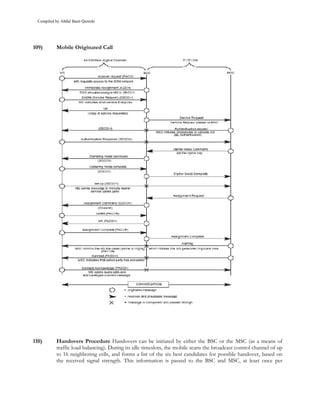 Compiled by Abdul Basit Qureshi




109)        Mobile Originated Call




110)        Handovers Procedure Handovers can be initiated by either the BSC or the MSC (as a means of
            traffic load balancing). During its idle timeslots, the mobile scans the broadcast control channel of up
            to 16 neighboring cells, and forms a list of the six best candidates for possible handover, based on
            the received signal strength. This information is passed to the BSC and MSC, at least once per
 