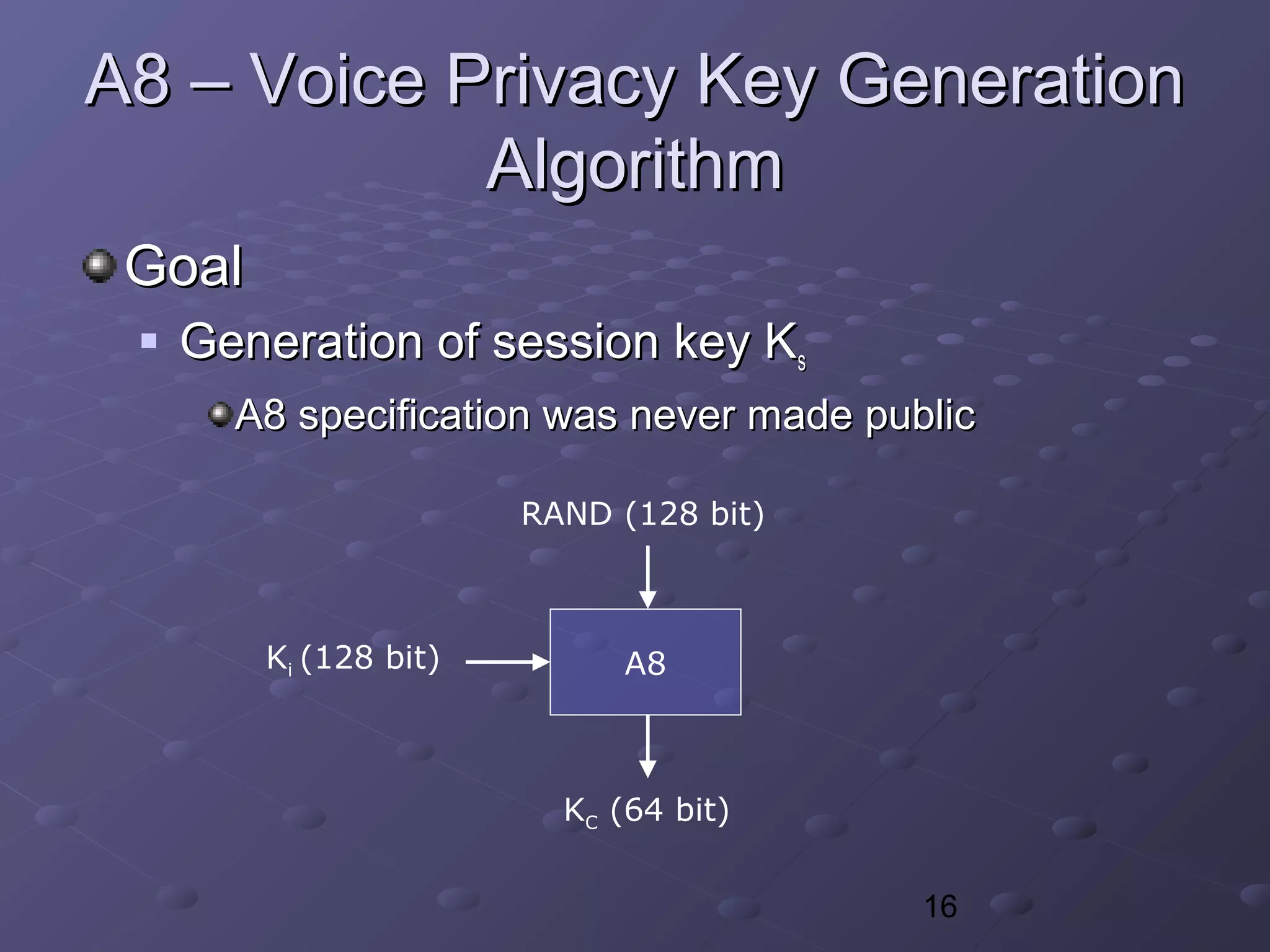 16
A8 – Voice Privacy Key GenerationA8 – Voice Privacy Key Generation
AlgorithmAlgorithm
GoalGoal
 Generation of session key KGeneration of session key Kss
A8 specification was never made publicA8 specification was never made public
A8
RAND (128 bit)
Ki (128 bit)
KC (64 bit)
 
