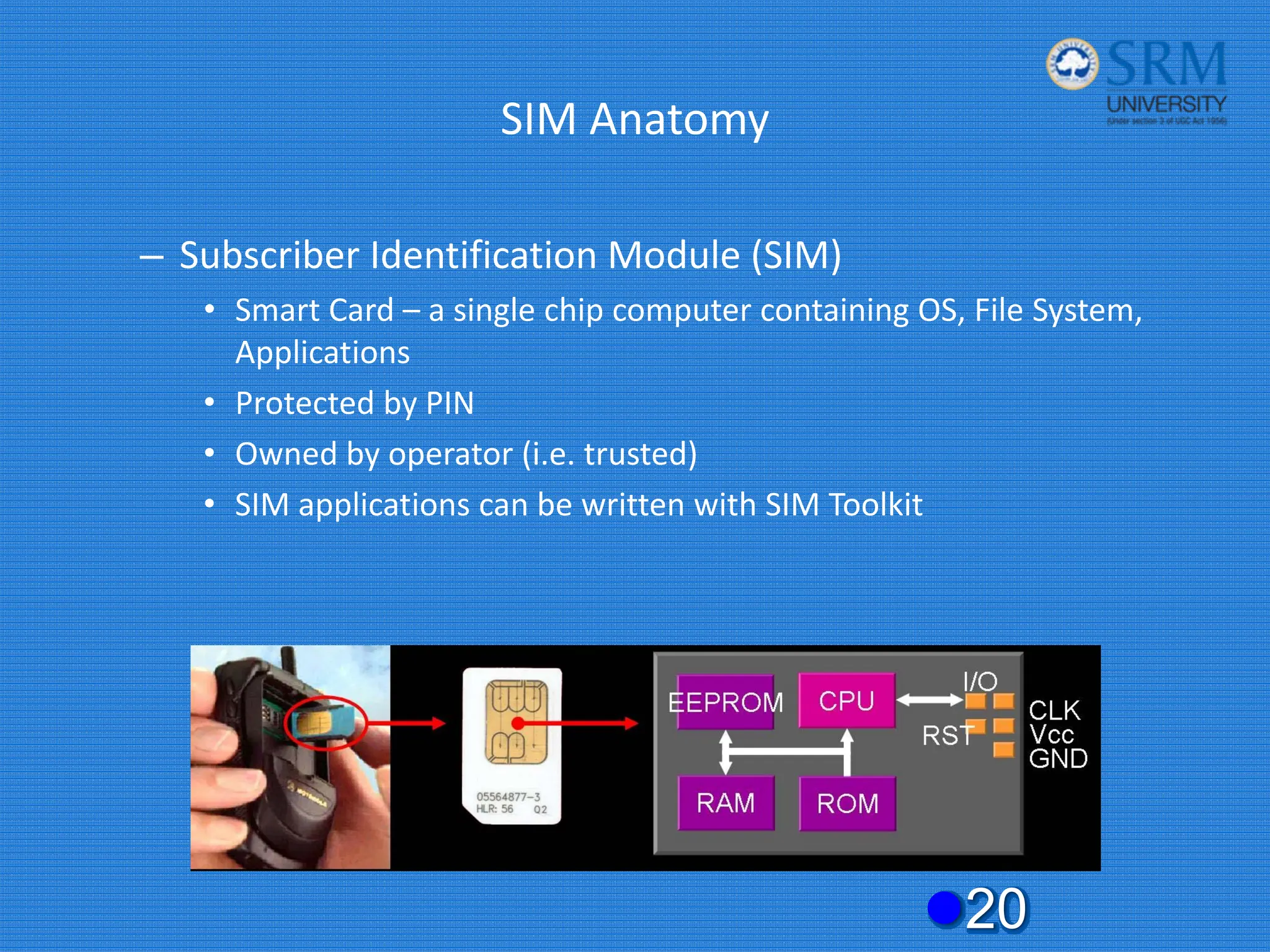 SIM Anatomy
– Subscriber Identification Module (SIM)
• Smart Card – a single chip computer containing OS, File System,
Applications
• Protected by PIN
• Owned by operator (i.e. trusted)
• SIM applications can be written with SIM Toolkit
z20
 