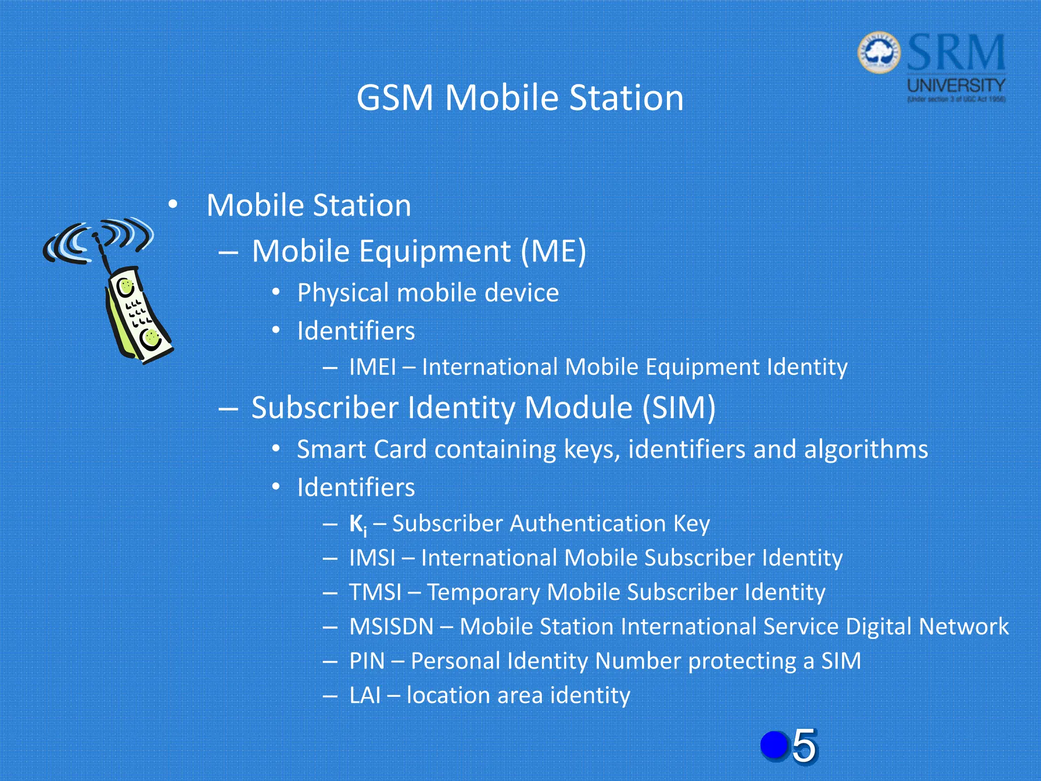 GSM Mobile Station
• Mobile Station
– Mobile Equipment (ME)
• Physical mobile device
• Identifiers
– IMEI – International Mobile Equipment Identity
– Subscriber Identity Module (SIM)
• Smart Card containing keys, identifiers and algorithms
• Identifiers
– Ki – Subscriber Authentication Key
– IMSI – International Mobile Subscriber Identity
– TMSI – Temporary Mobile Subscriber Identity
– MSISDN – Mobile Station International Service Digital Network
– PIN – Personal Identity Number protecting a SIM
– LAI – location area identity
z5
 