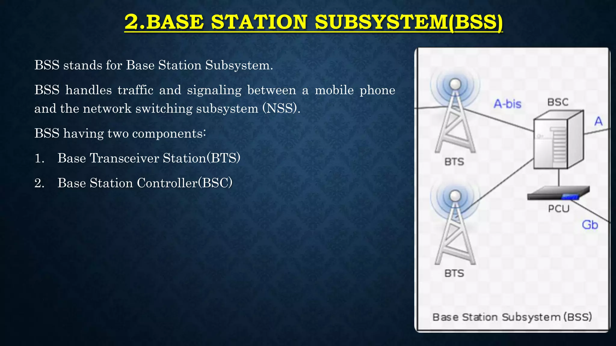 2.BASE STATION SUBSYSTEM(BSS)
BSS stands for Base Station Subsystem.
BSS handles traffic and signaling between a mobile phone
and the network switching subsystem (NSS).
BSS having two components:
1. Base Transceiver Station(BTS)
2. Base Station Controller(BSC)
 