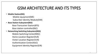 GSM ARCHITECTURE AND ITS TYPES
• Mobile Station(MS)
Mobile equipment(ME)
Subscriber Identity Module(SIM)
• Base Station Subsystem(BSS)
Base Transceiver Station(BTS)
Base station controller(BSC)
• Networking Switching Subsystem(NSS)
Mobile Switching Center(MSC)
Home Location Register(HLR)
Visiter Location Register(VLR)
Authentication Center(AUC)
Equipment Identity Register(EIR)
5
 