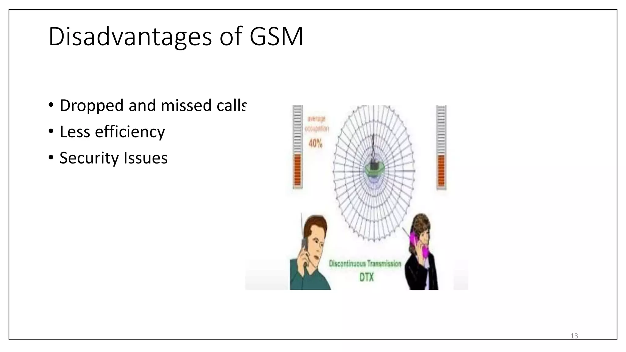 Disadvantages of GSM
• Dropped and missed calls
• Less efficiency
• Security Issues
13
 