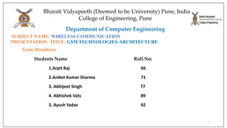 1
SUBJECT NAME: WIRELESS COMMUNICATION
PRESENTATION TITLE: GSM TECHNOLOGIES-ARCHITECTURE
Team Members:
Students Name Roll.No:
1.Arpit Raj 66
2.Aniket Kumar Sharma 71
3. Abhijeet Singh 77
4. Abhishek Vats 89
5. Ayush Yadav 92
Bharati Vidyapeeth (Deemed to be University) Pune, India
College of Engineering, Pune
Department of Computer Engineering
 